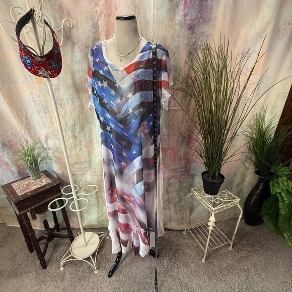 📌CLOSET FULL 4TH OF JULY Stars & Stripe Chiffon Dress with Underdress - Picture 8 of 14